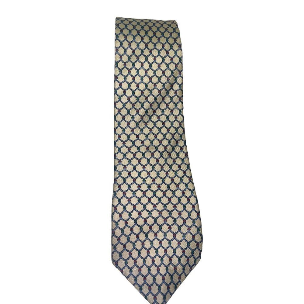 Hardy Amies London 100% All Silk Beige Blue Geometric Neck Tie Men's 3.5" x 57"